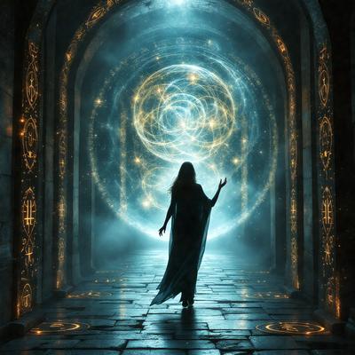 The primary subject of the image is a woman dressed in a long, flowing gown, walking through a doorway. The setting appears to be a dark, possibly mystical or magical, environment. The visual style of the image is a combination of photo and digital art, creating a surreal and enchanting atmosphere. The colors and mood of the image are predominantly dark and mysterious, with the woman's gown and the doorway's surroundings contributing to the overall ambiance.